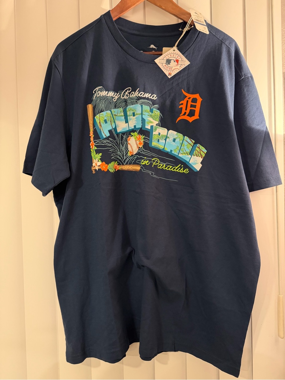 Tommy Bahama Navy Tee with Orange Detroit 'D' Graphic